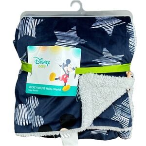 Disney Baby Mickey Mouse Hello World Plush Baby Blanket Navy Gray Stars Sherpa